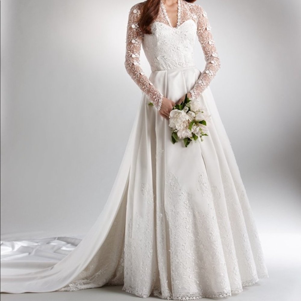 ABS by Allen Schwartz Kate Long Sleeve Lace Bodice Bustle Wedding Gown